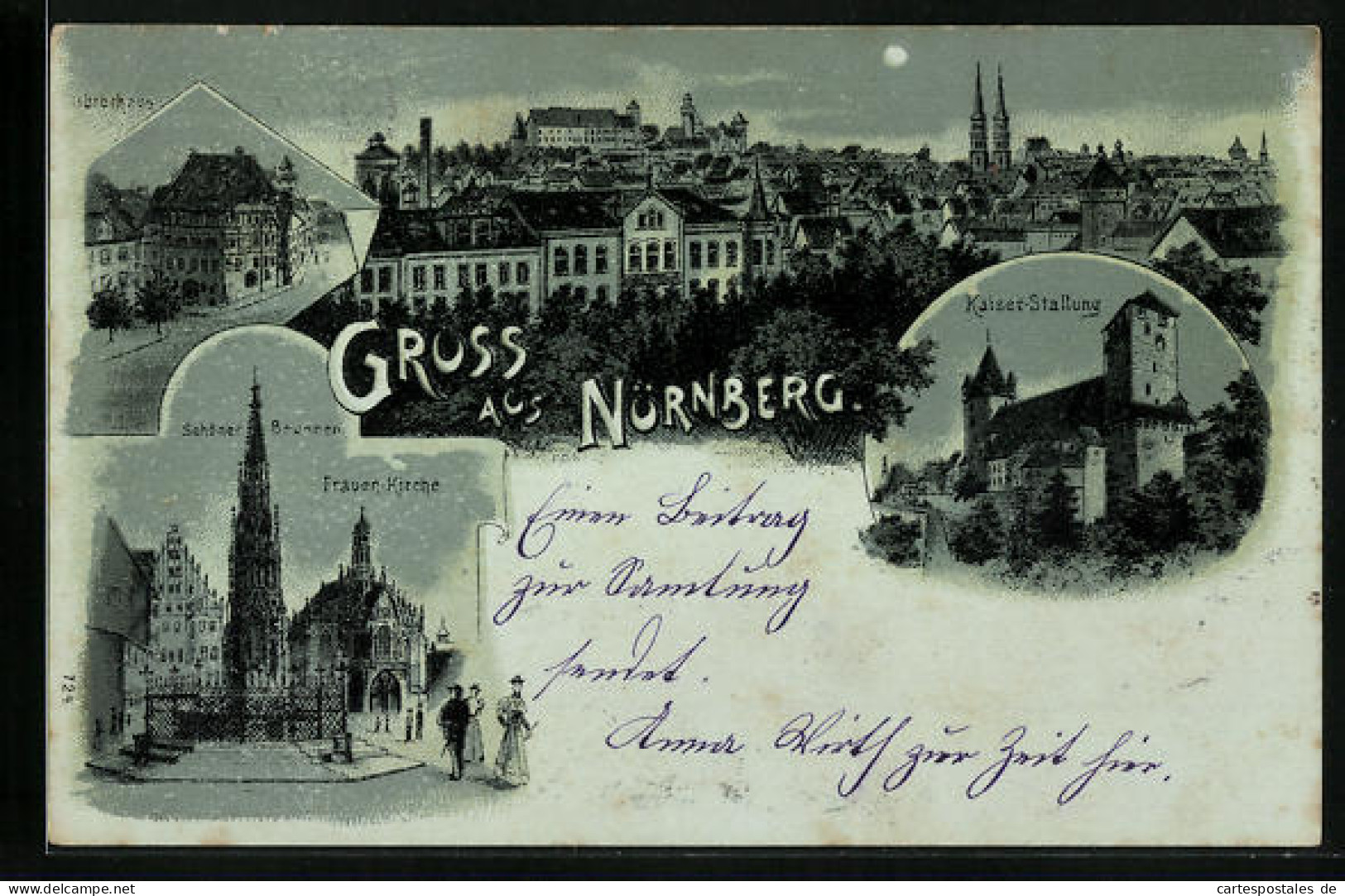 Mondschein-Lithographie Nürnberg, Dürerhaus, Kaiser-Stallung, Schöner Brunnen Und Frauen-Kirche  - Nuernberg