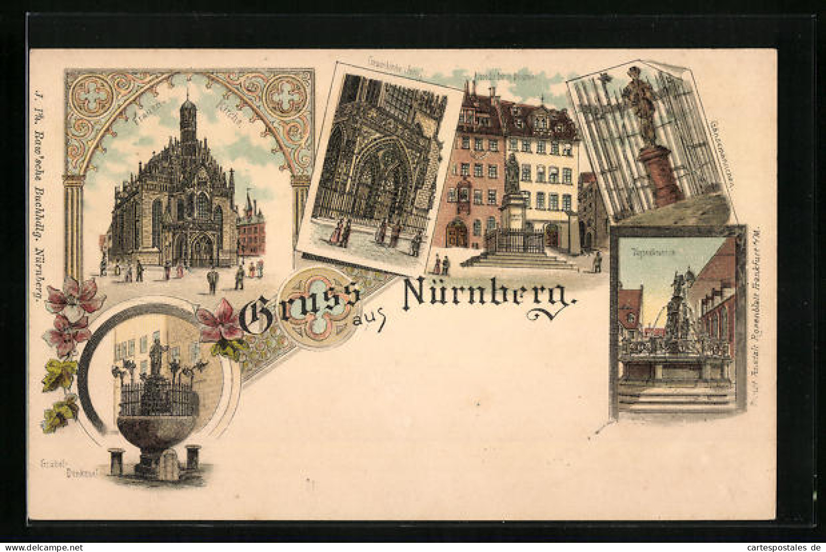 Lithographie Nürnberg, Frauen-Kirche, Gänsemännchen, Tugendbrunnen  - Nuernberg