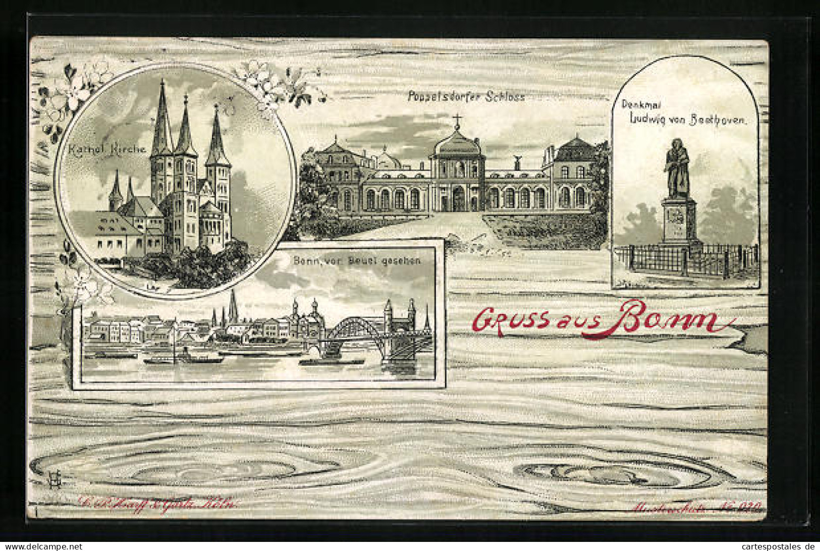 Lithographie Bonn, Katholische Kirche, Poppelsdorfer Schloss, Denkmal Ludwig Von Beethoven  - Bonn