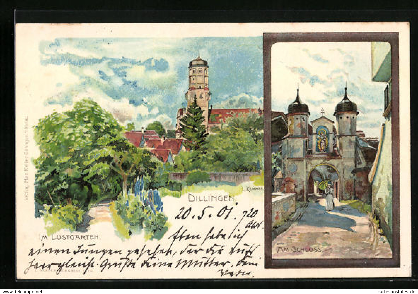 Lithographie Dillingen, Im Lustgarten, Am Schloss  - Dillingen