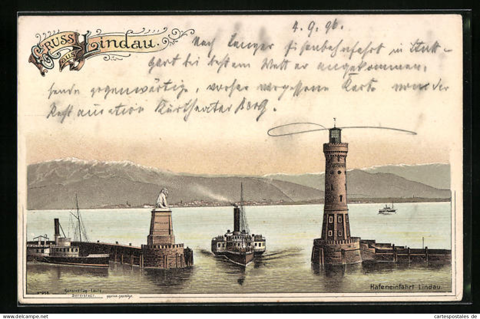 Lithographie Lindau I. B., Hafeneinfahrt Mit Leuchtturm  - Lindau A. Bodensee