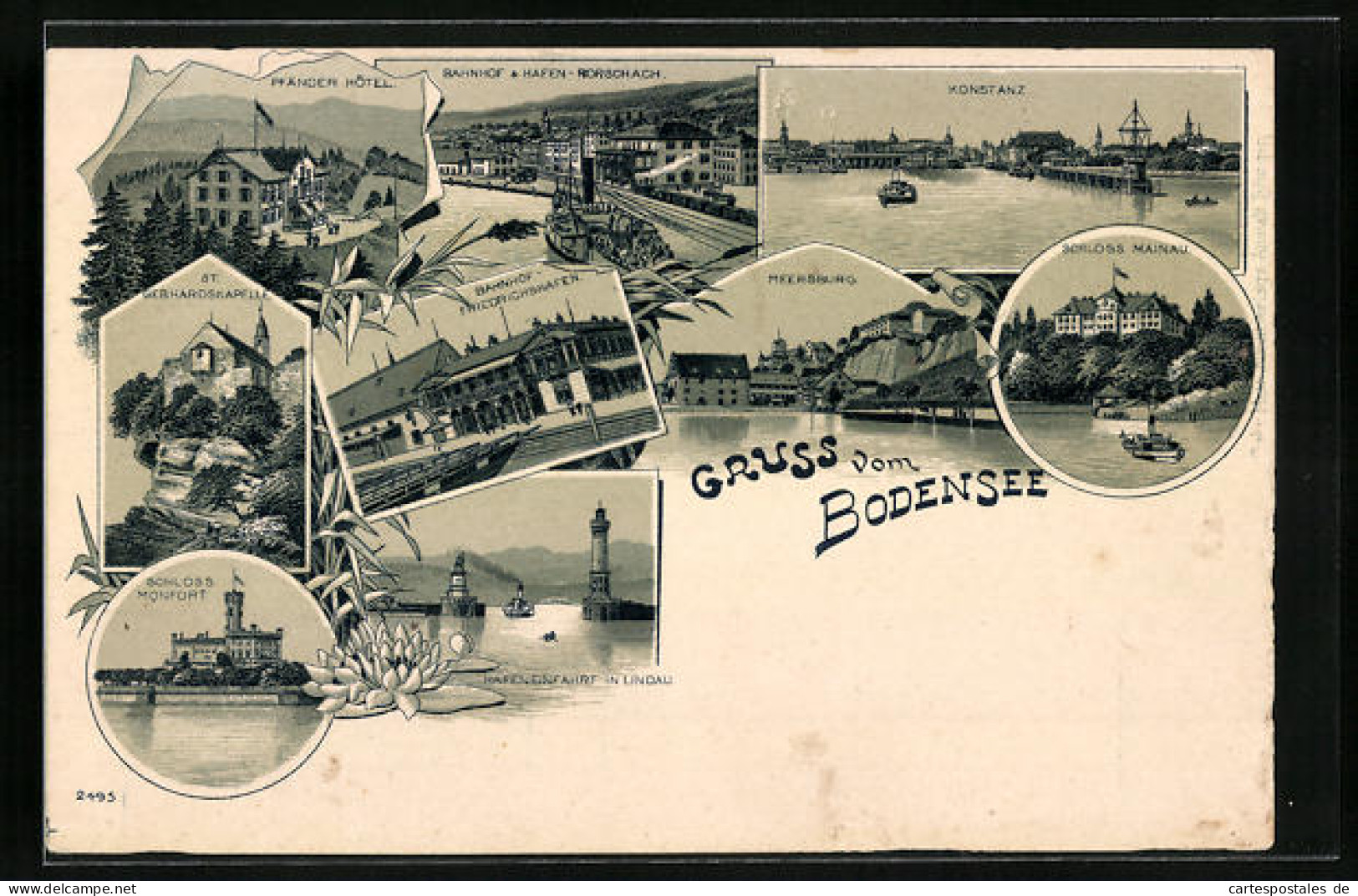 Lithographie Konstanz, Bodensee Mit Ortsansichten Konstanz, Meersburg, Rorschach, Pfänder-Hotel, Hafeneinfahrt Lindau  - Meersburg