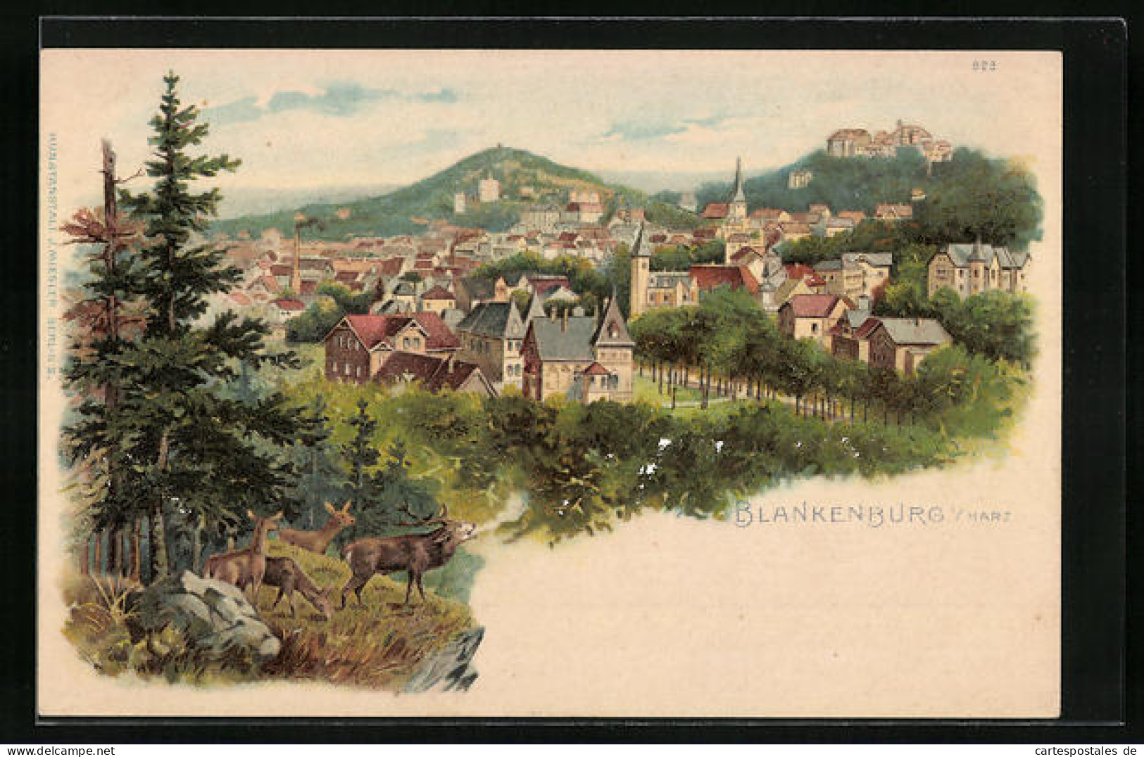 Lithographie Blankenburg /Harz, Ortsansicht Mit Hirschen Am Waldrand  - Blankenburg