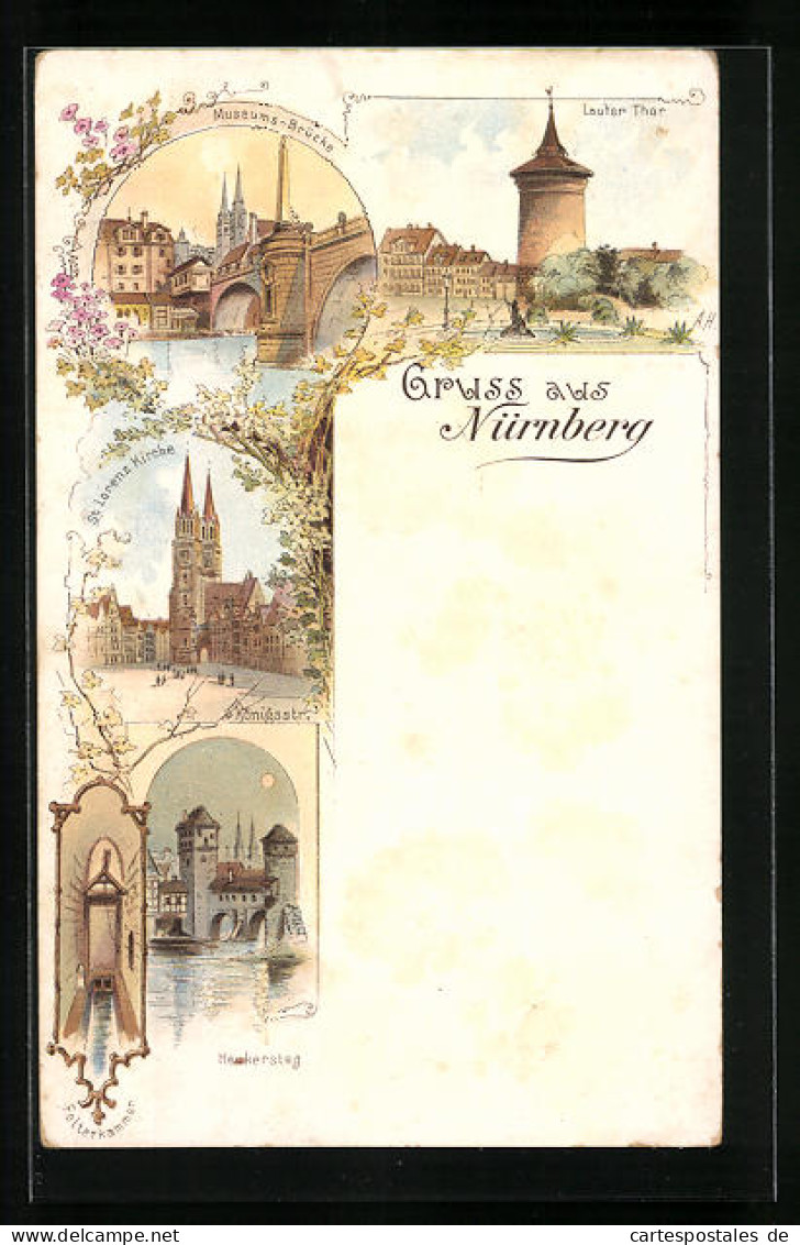 Lithographie Nürnberg, Museumsbrücke, Lauter Thor, St. Lorenz Kirche, Heukersteg  - Nuernberg