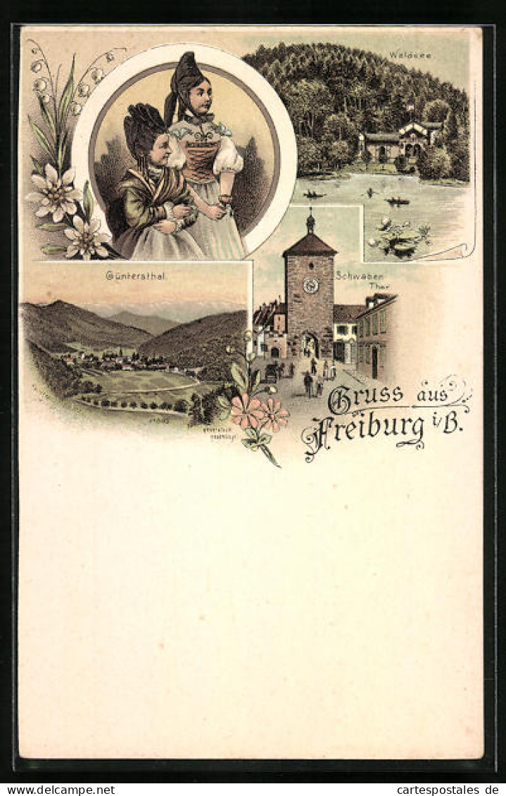 Lithographie Freiburg / Breisgau, Waldsee, Schwaben-Thor, Waldsee, Güntersthal  - Freiburg I. Br.