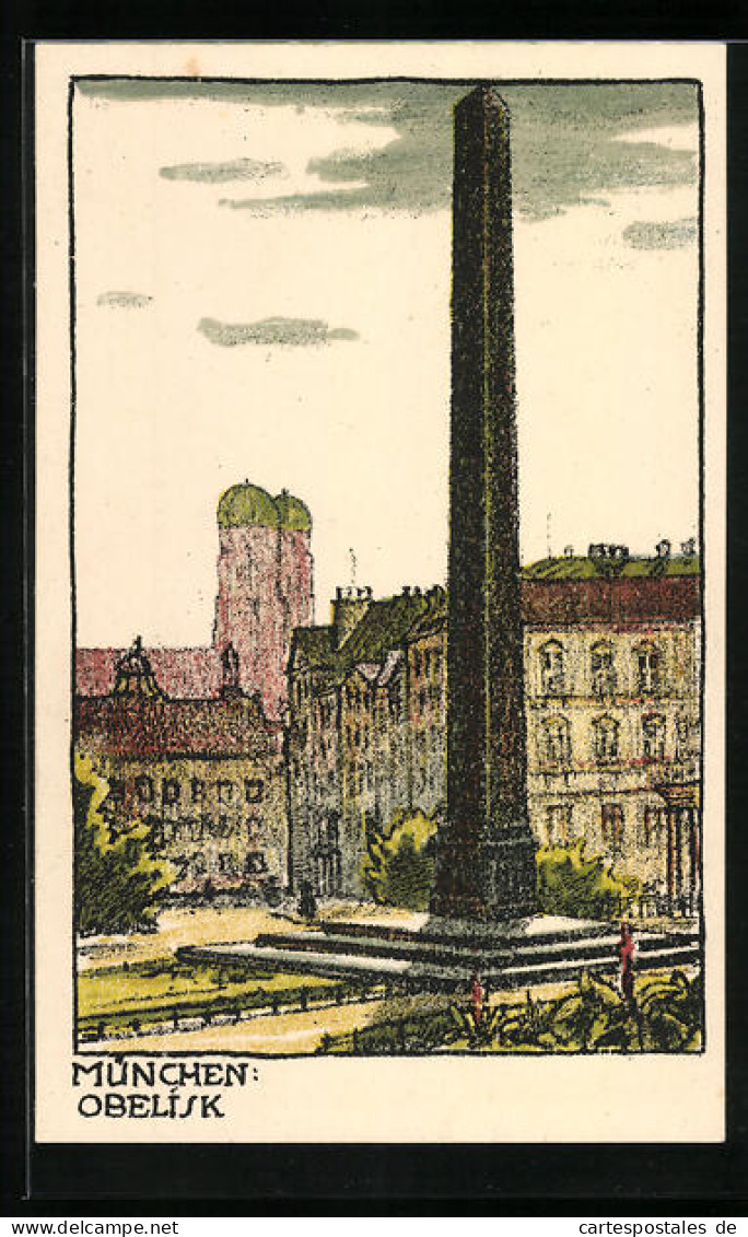 Steindruck-AK München, Obelisk  - Autres & Non Classés