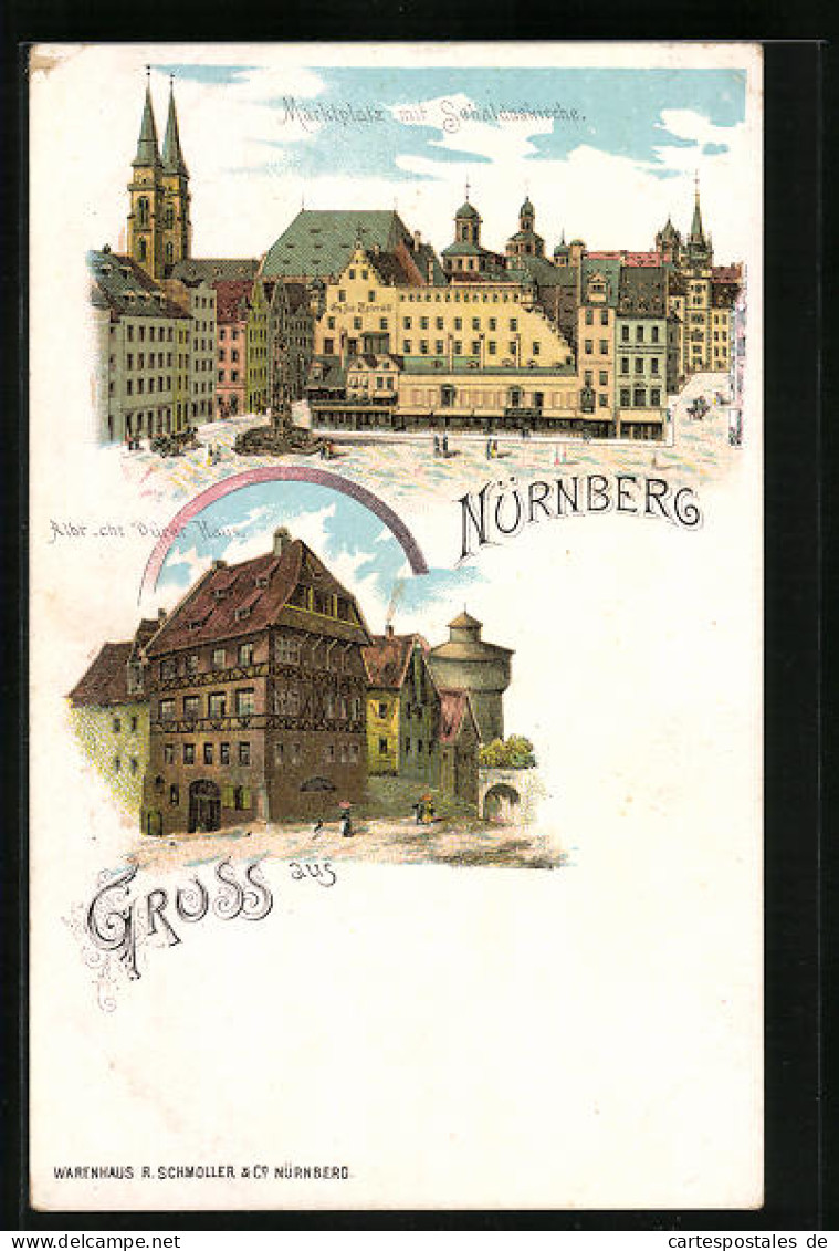 Lithographie Nürnberg, Marktplatz Mit Sebalduskirche, Albrecht Dürer Haus  - Nuernberg