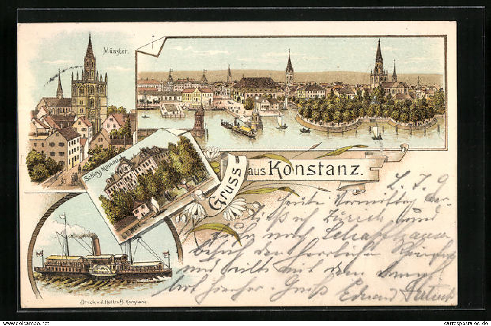 Lithographie Konstanz, Schloss Mainau, Münster, Dampfer Im Hafen  - Konstanz