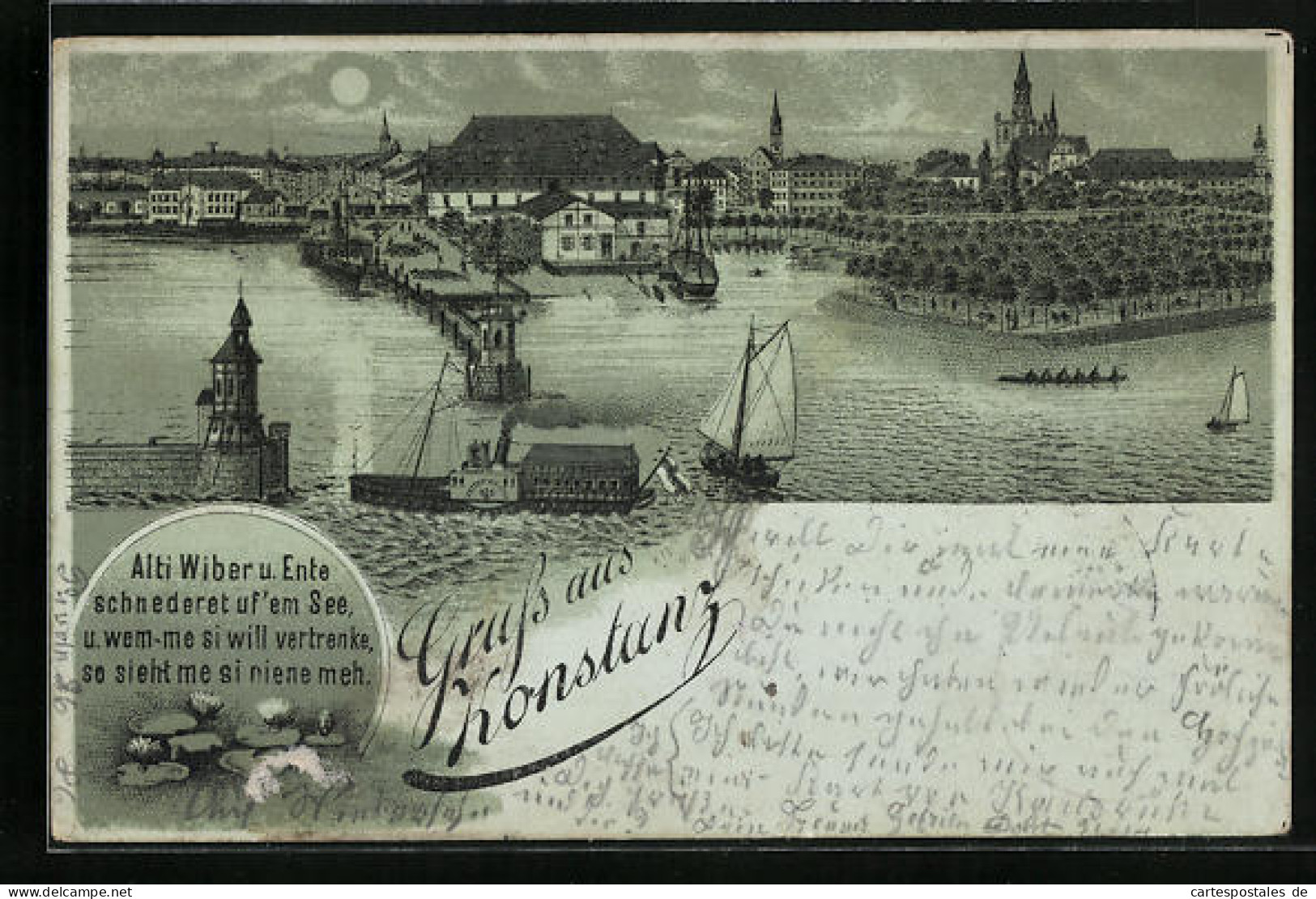 Mondschein-Lithographie Konstanz, Teilansicht Vom Ort Mit Hafen  - Konstanz