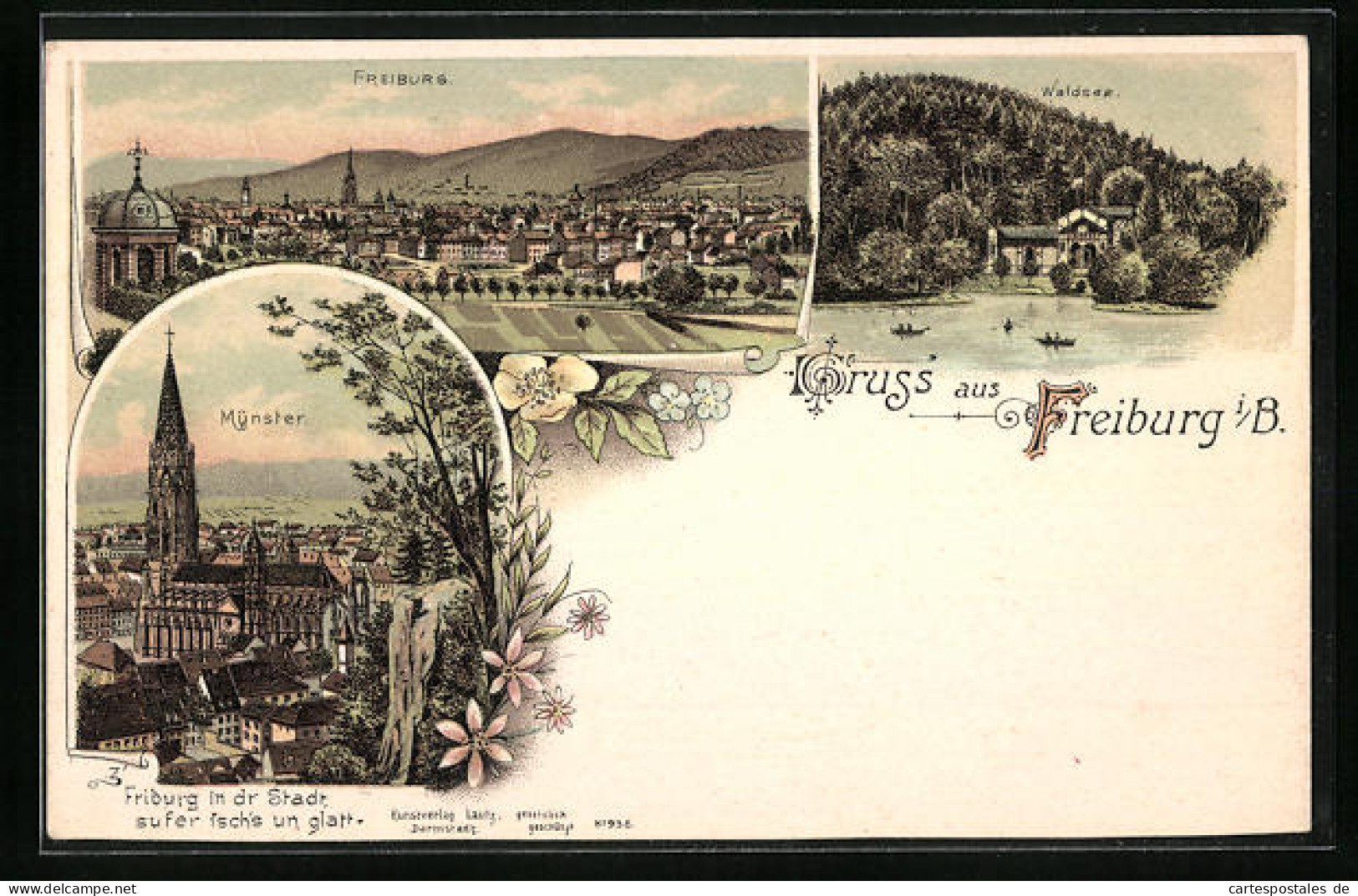 Lithographie Freiburg I. B., Münster Im Stadtbild, Waldsee Mit Gasthaus  - Freiburg I. Br.