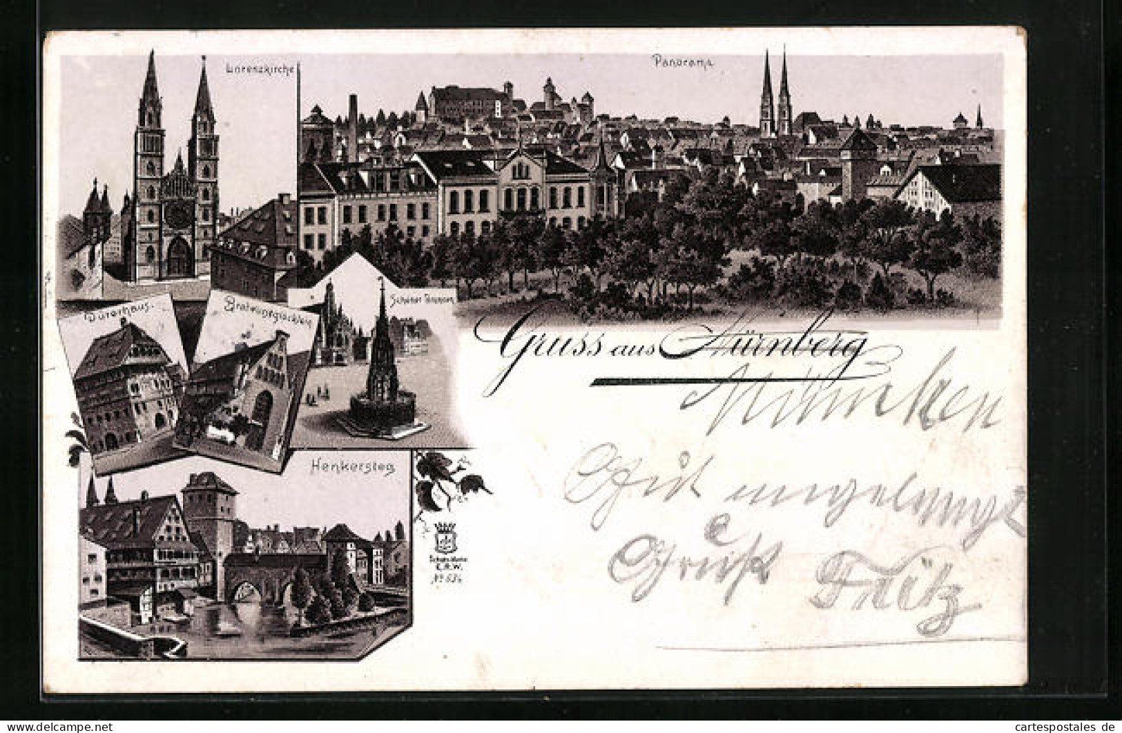 Lithographie Nürnberg, Gasthof Bratwurstglöcklein, Dürerhaus, Henkersteg  - Nuernberg