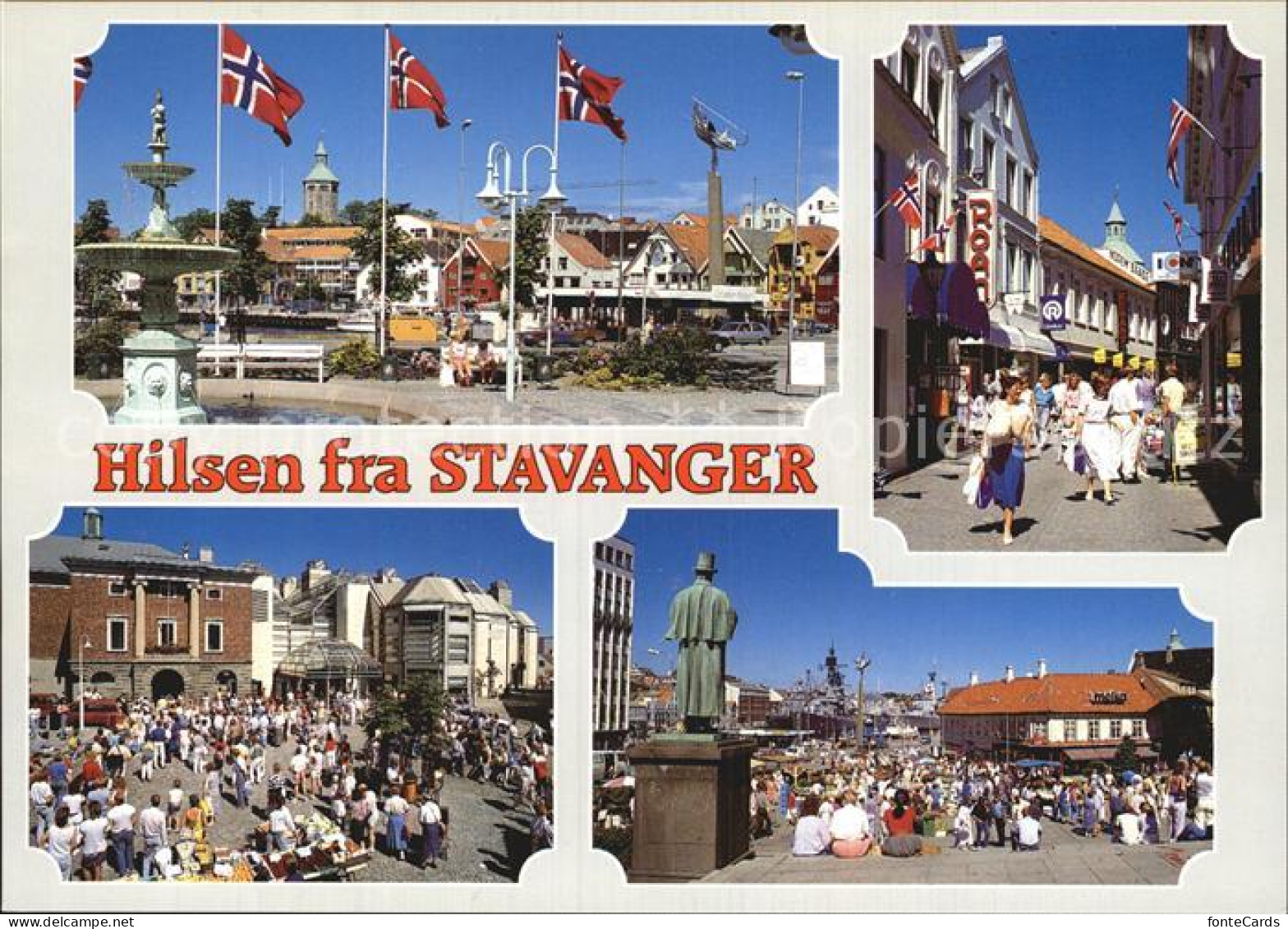 72576596 Stavanger Platz Brunnen Flaggen Fussgaengerzone Denkmal Statue Stavange - Norway