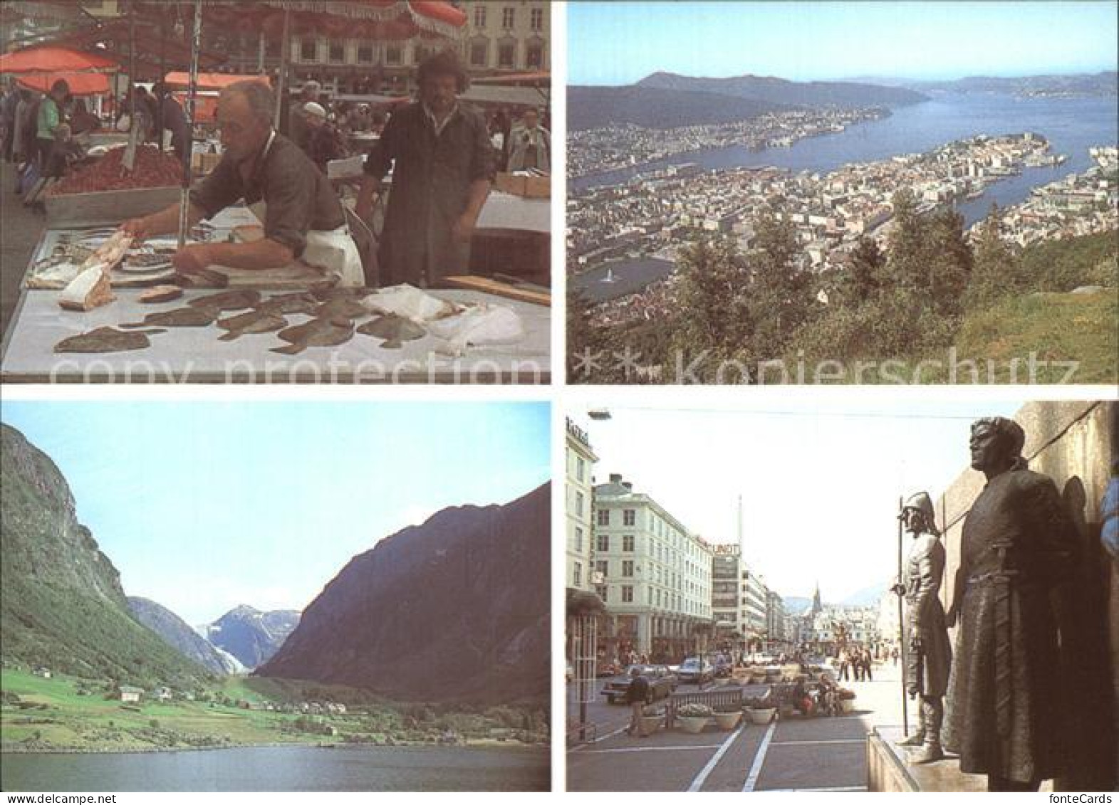 72576389 Bergen Norwegen Panorama Fischmarkt Statue Denkmal Bergen - Norway