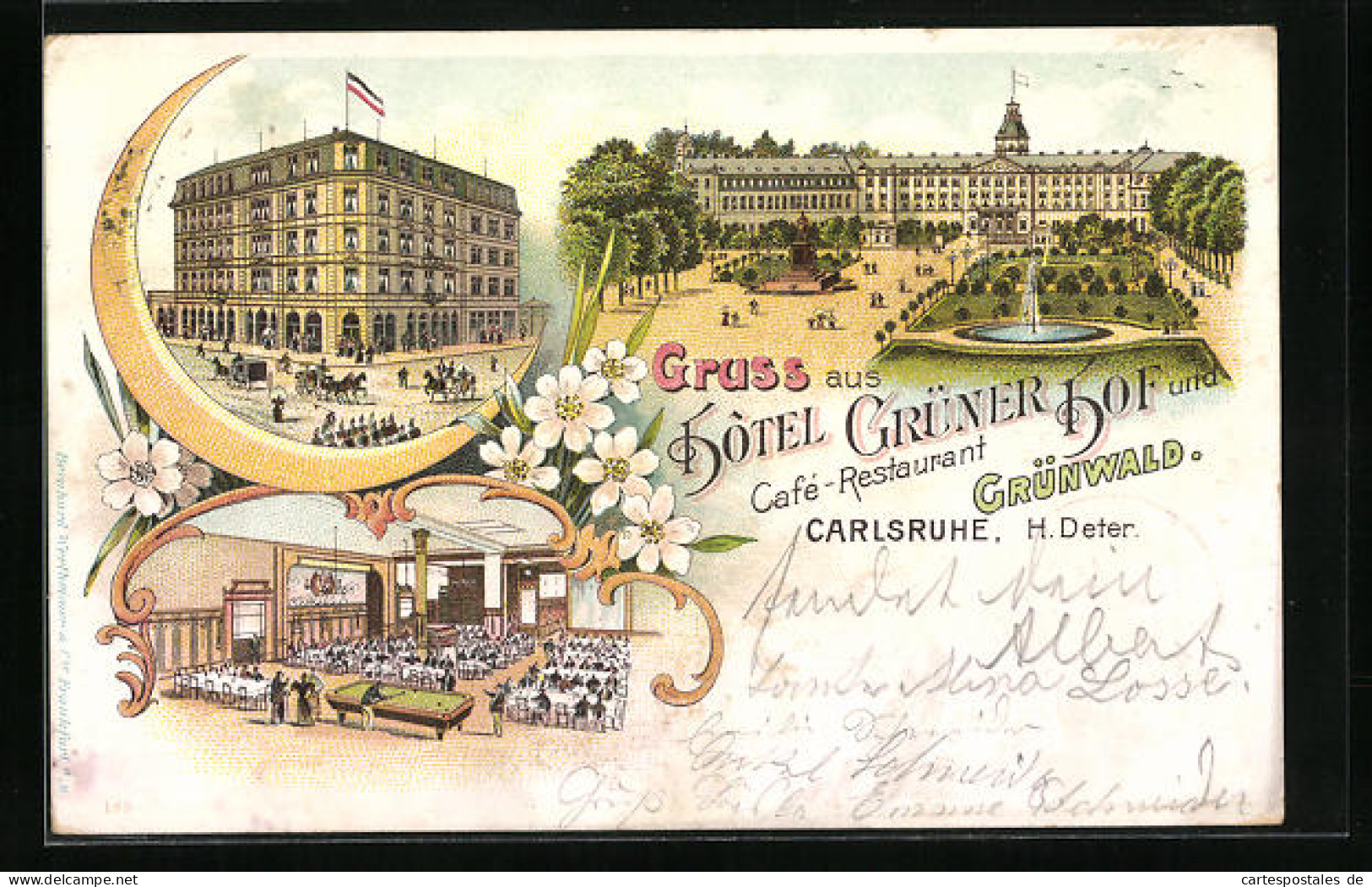 Lithographie Karlsruhe, Hotel Grüner Hof Und Cafe-Restaurant Grünwald, Inneres Billardzimmer  - Karlsruhe