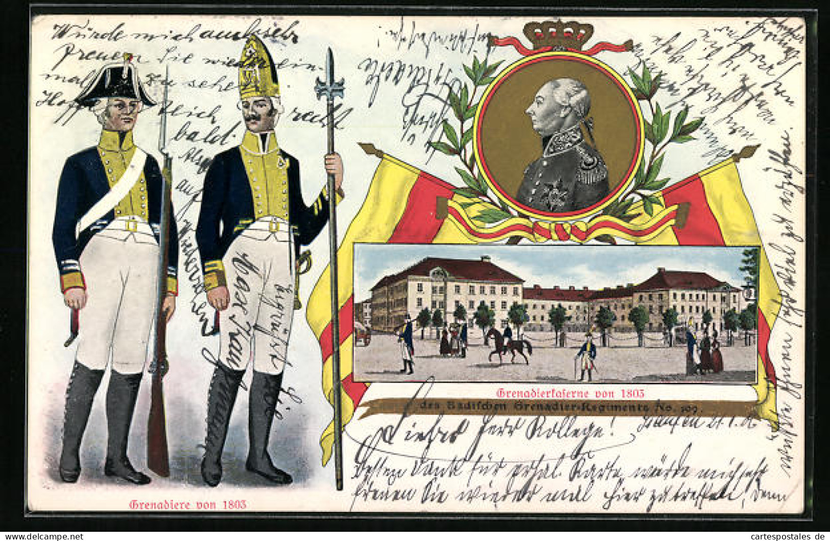 Lithographie Karlsruhe, Grenadierkaserne Von 1803 Des Badischen Grenadier-Regiments No. 109, Grenadiere Von 1803  - Regiments