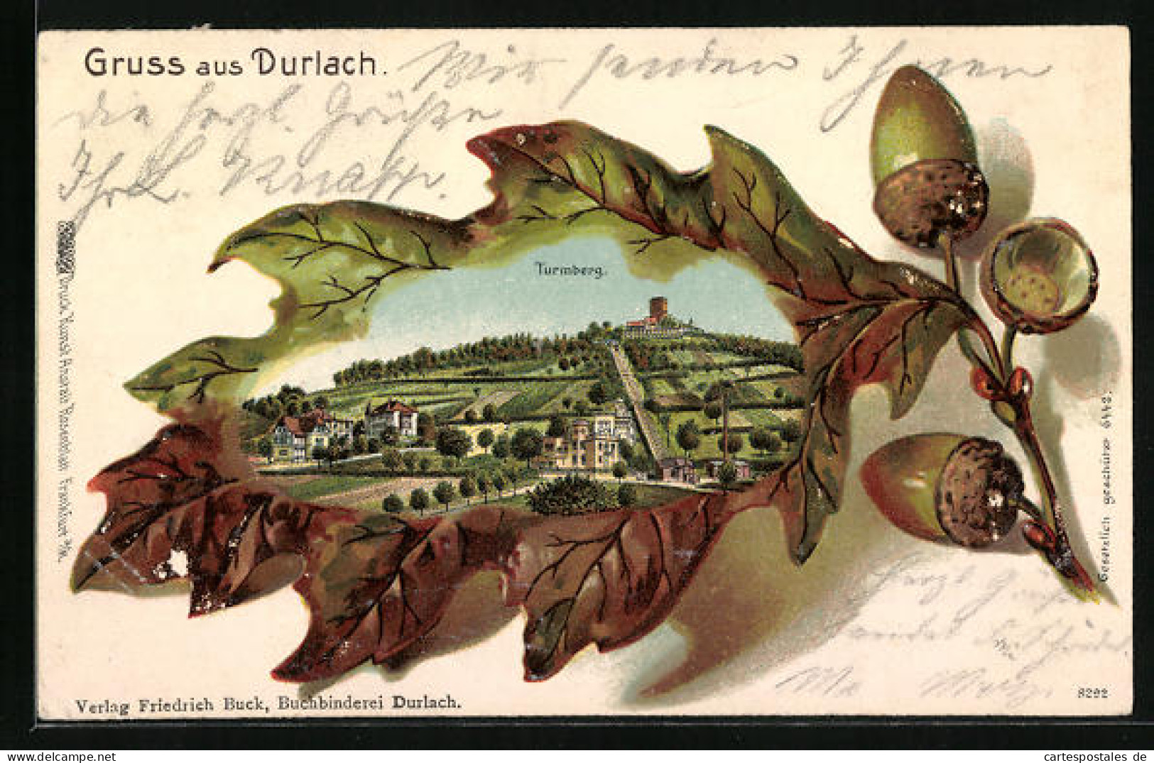 Passepartout-Lithographie Durlach, Ansicht Vom Turmberg Auf Eichenblatt  - Autres & Non Classés