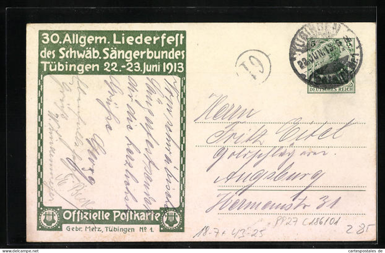 Künstler-AK Tübingen, 30. Allg. Liederfest Des Schwäb. Sängerbundes 1913, Ganzsache  - Postcards