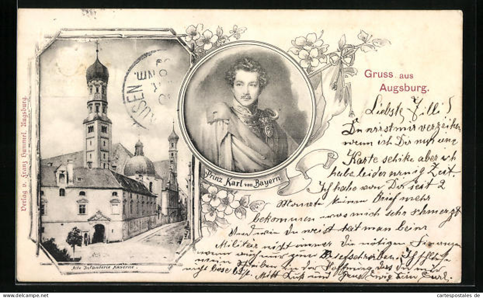 Künstler-AK Augsburg, Alte Infanterie Kaserne Mit Prinz Karl Von Bayern, Ganzsache Bayern  - Postcards