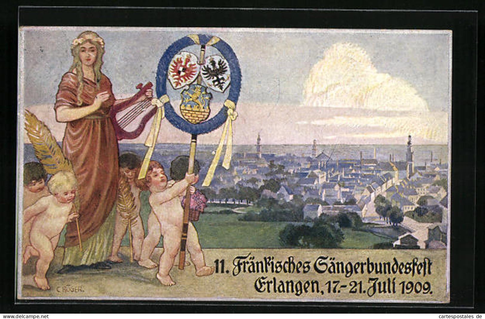 Künstler-AK Erlangen, 11. Fränkisches Sängerbundesfest 1909, Ganzsache Bayern  - Postcards