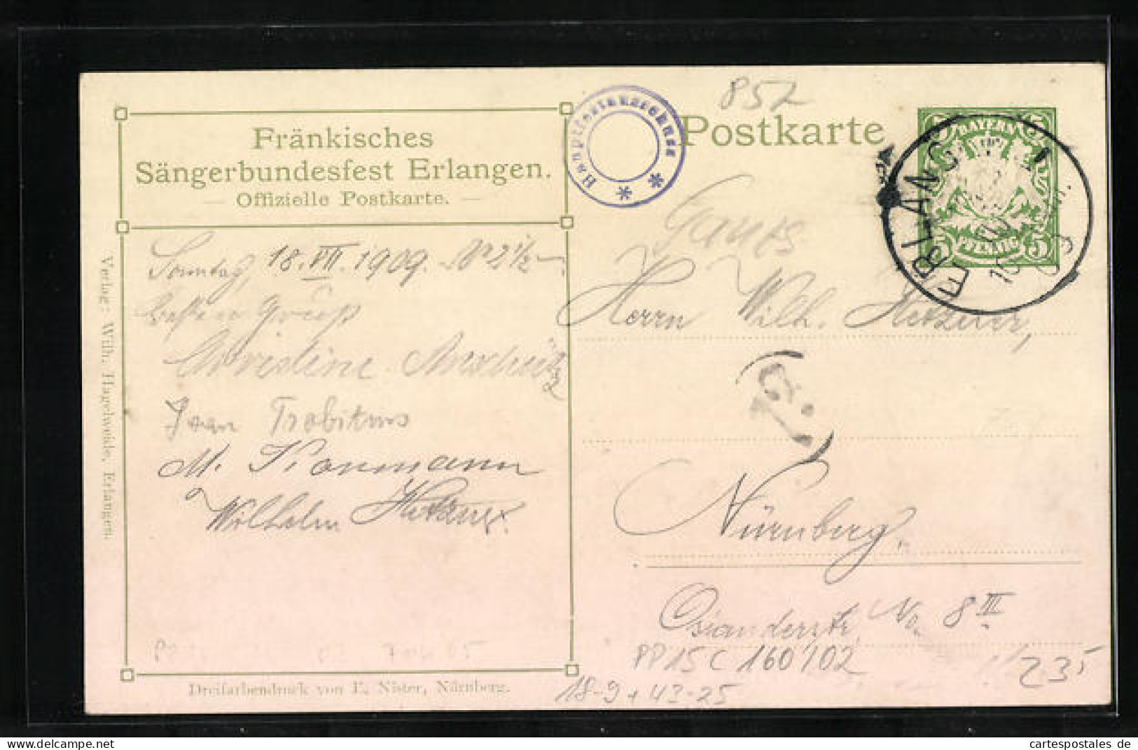 Künstler-AK Erlangen, 11. Fränkisches Sängerbundesfest 1909, Ganzsache Bayern  - Cartes Postales