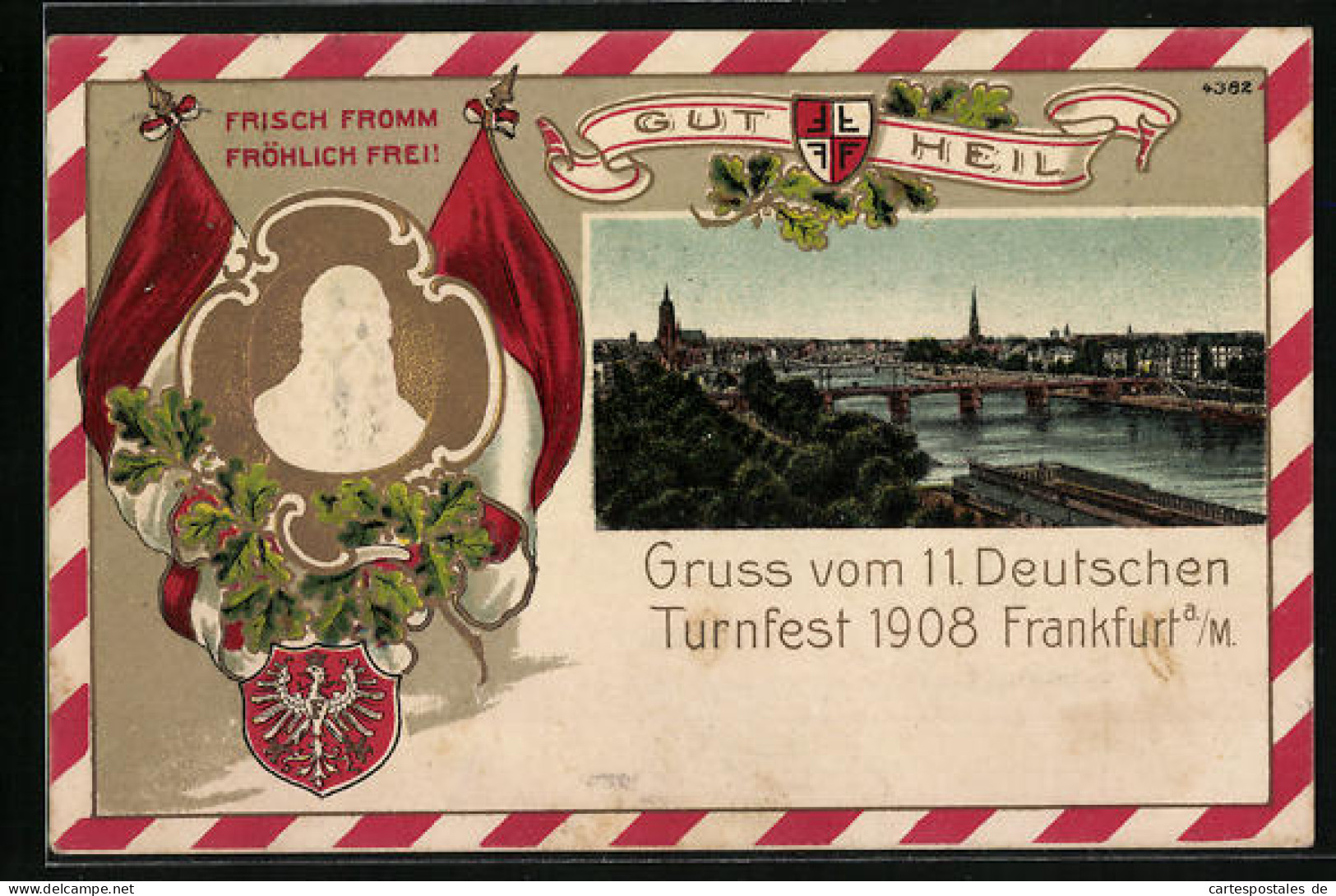 Passepartout-Lithographie Frankfurt A. M., 11. Deutsches Turnfest 1908, Stadtpanorama Und Mainansicht  - Autres & Non Classés