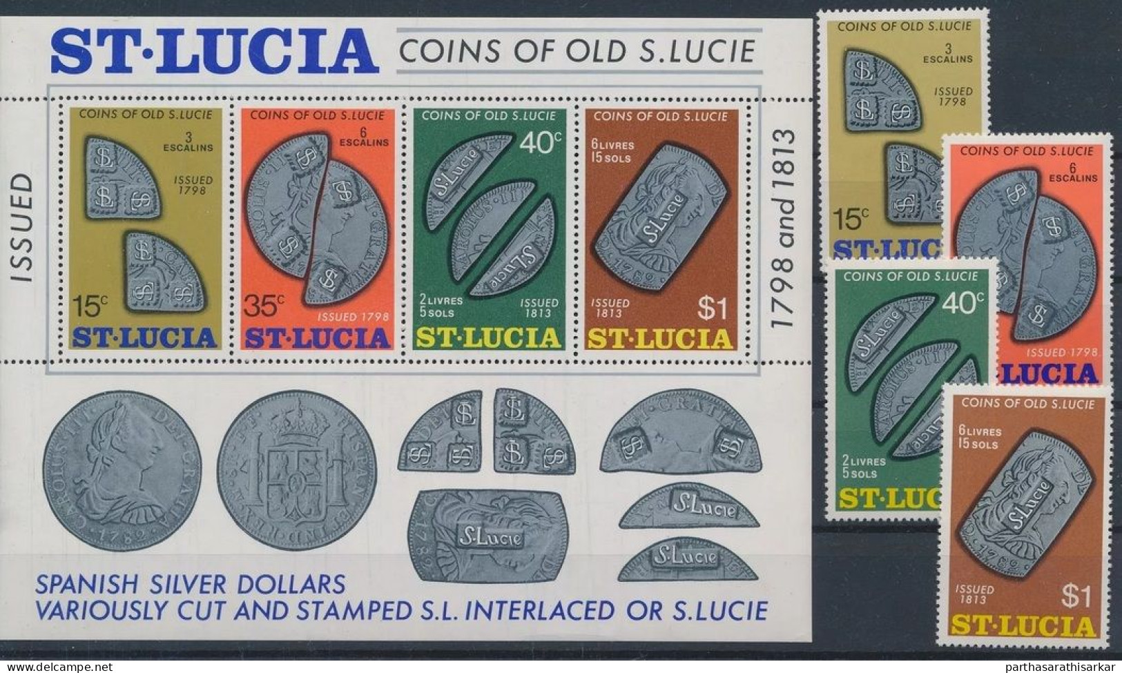 ST. LUCIA 1974 COINS OF OLD ST. LUCIA COMPLETE SET WITH MINIATURE SHEET MS MNH - Monnaies