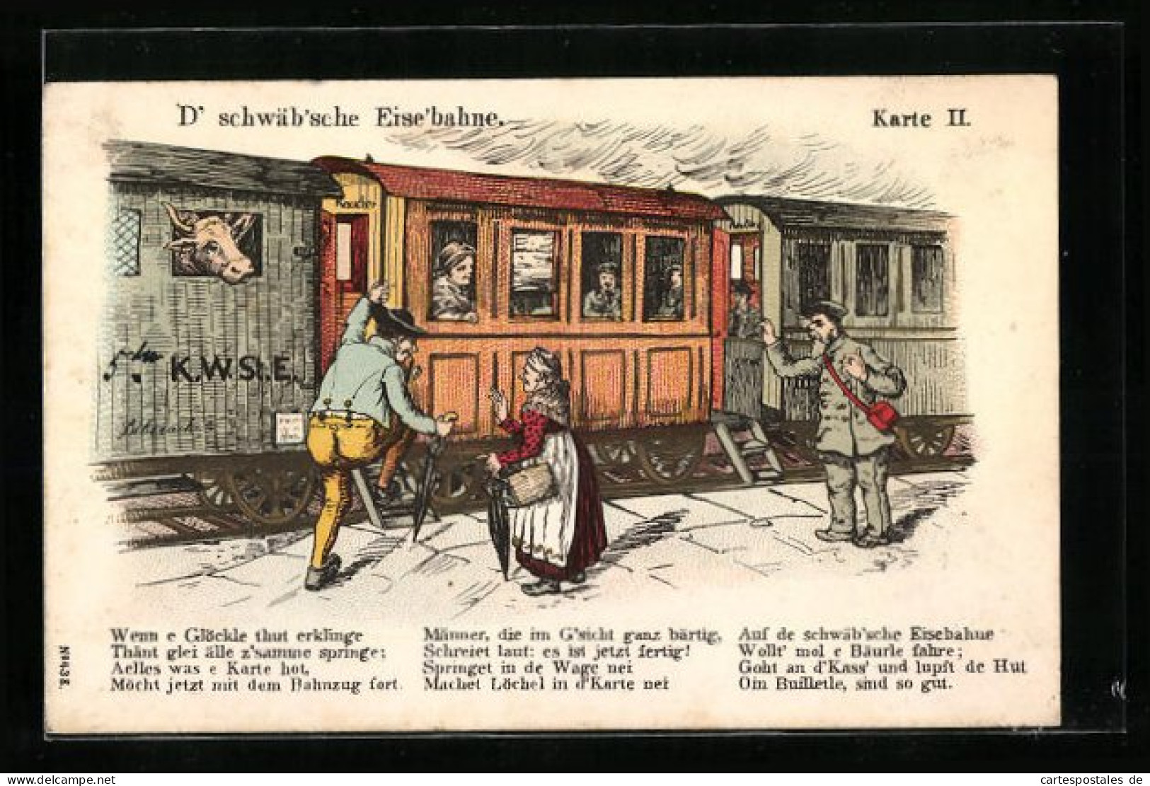 Künstler-AK D` Schwäb`sche Eise`bahne, Mann Mit Schirm Möchte Ins Raucherabteil, Eisenbahn  - Trains