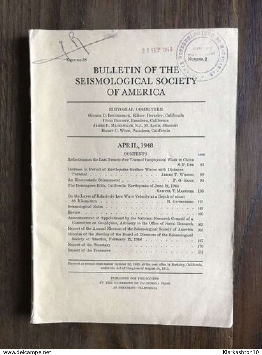 Bulletin Of The Seismological Society Of America - Vol.38 - Number 2 - April 1948 - Autres & Non Classés