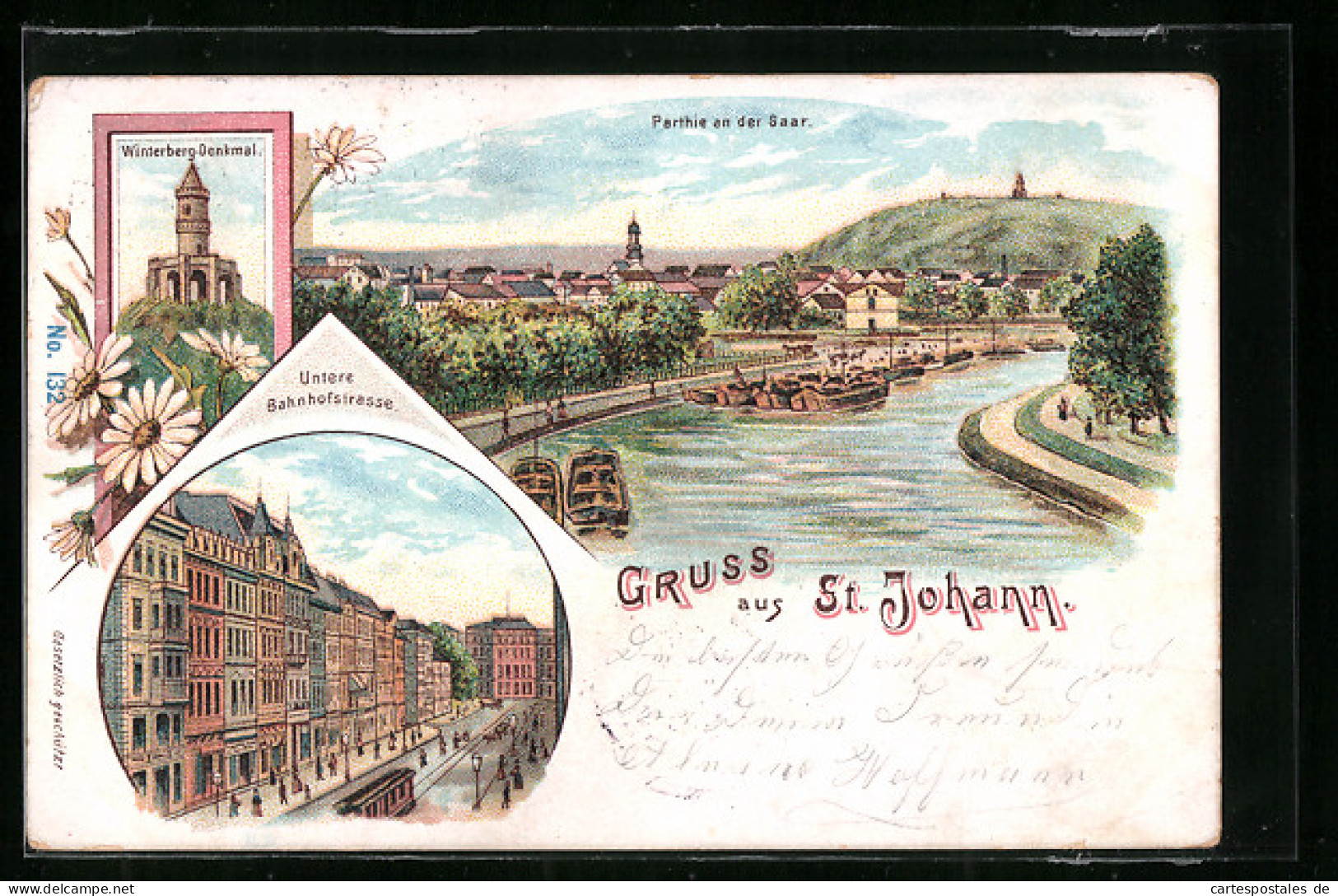 Lithographie St. Johann, Partie An Der Saar, Winterberg-Denkmal, Untere Bahnhofstrasse  - Other & Unclassified