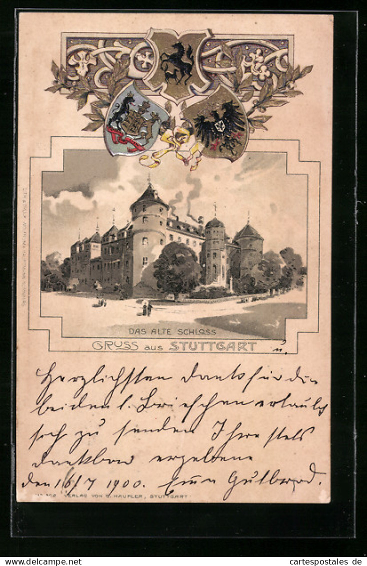 Passepartout-Lithographie Stuttgart, Das Alte Schloss, Wappen  - Autres & Non Classés