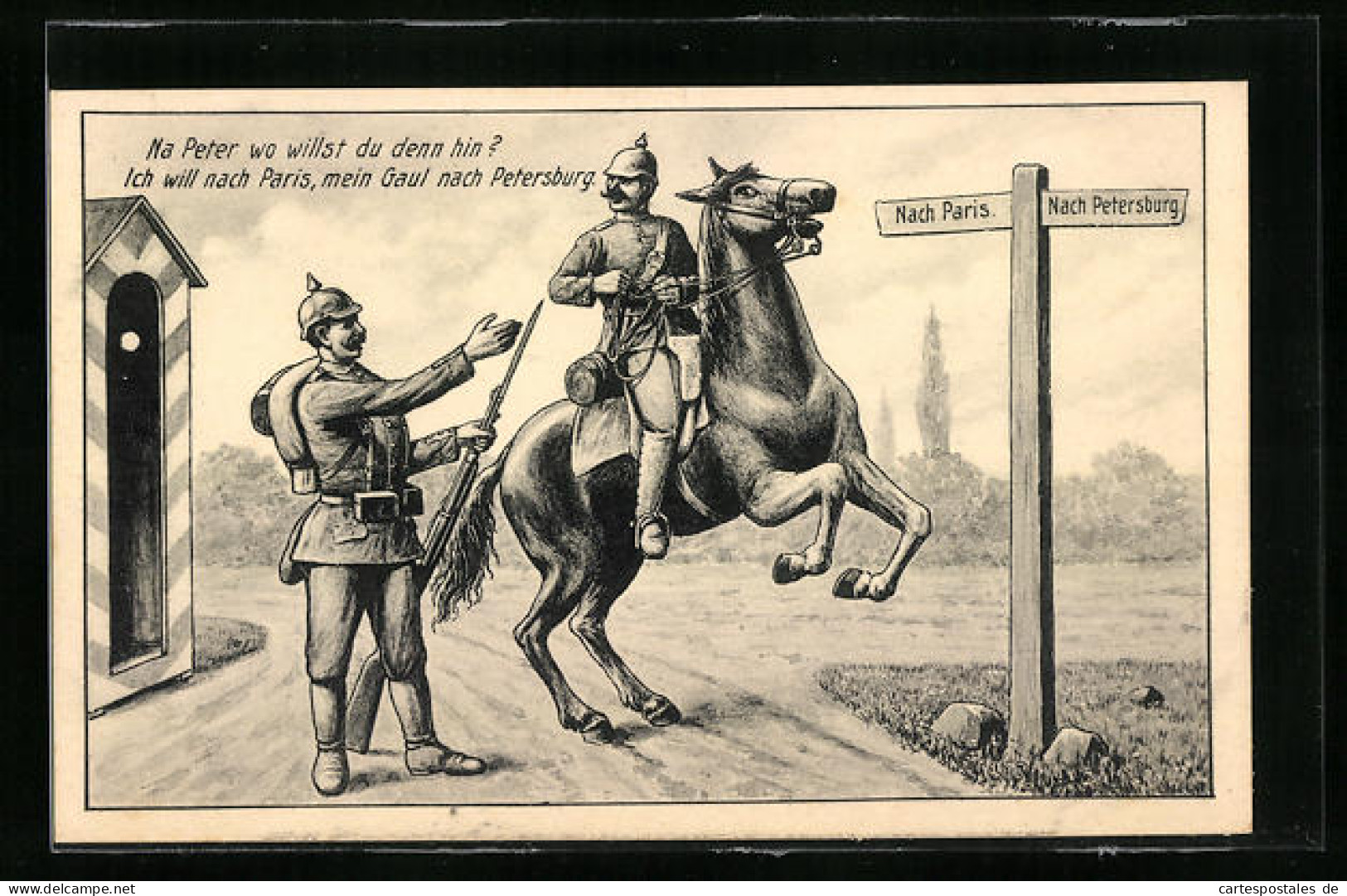 Künstler-AK Paris, Deutscher Soldat Zu Pferde Am Wegweiser Paris-Petersburg, Propaganda 1. Weltkrieg  - Guerre 1914-18