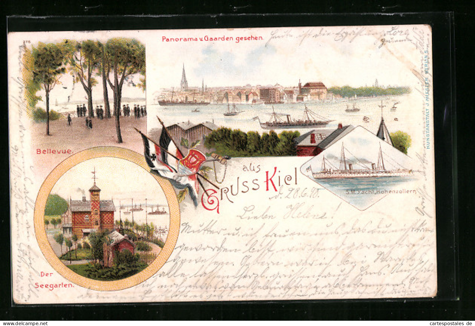 Lithographie Kiel, Gasthaus Seegarten, Panorama V. Gaarden Gesehen, S. M. Yacht Hohenzollern  - Kiel