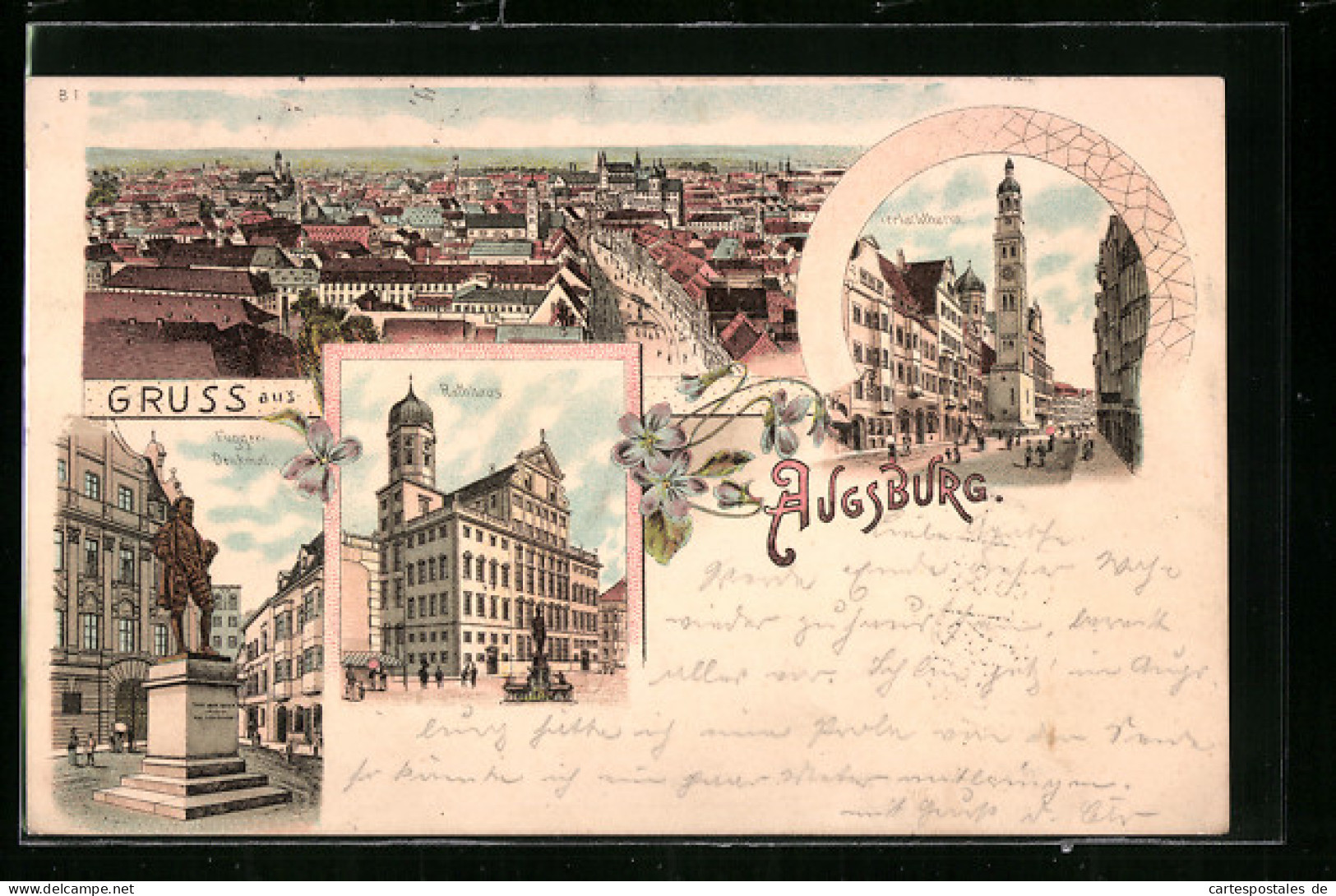 Lithographie Augsburg, Rathaus Und Fugger-Denkmal  - Augsburg