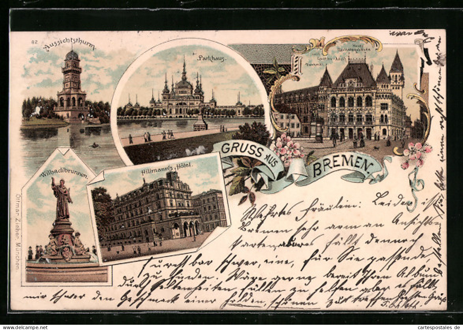 Lithographie Bremen, Aussichtsthurm, Wilhadibrunnen Und Parkhaus  - Bremen