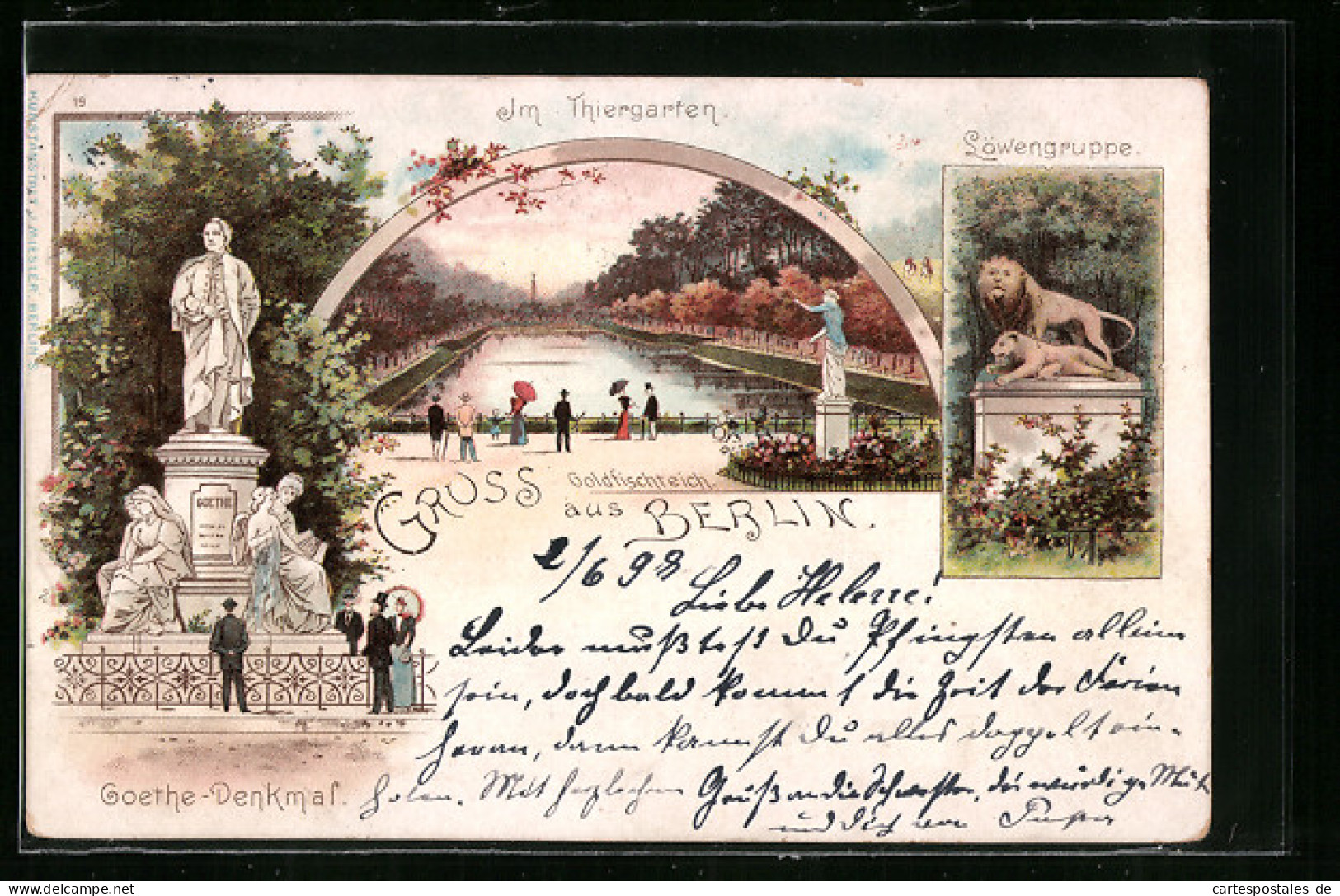 Lithographie Berlin, Im Thiergarten, Löwengruppe Und Goethe-Denkmal  - Tiergarten