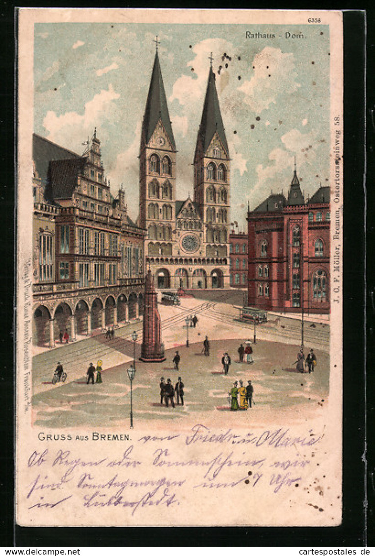 Lithographie Bremen, Spaziergänger Vor Dem Rathaus Und Dom  - Bremen
