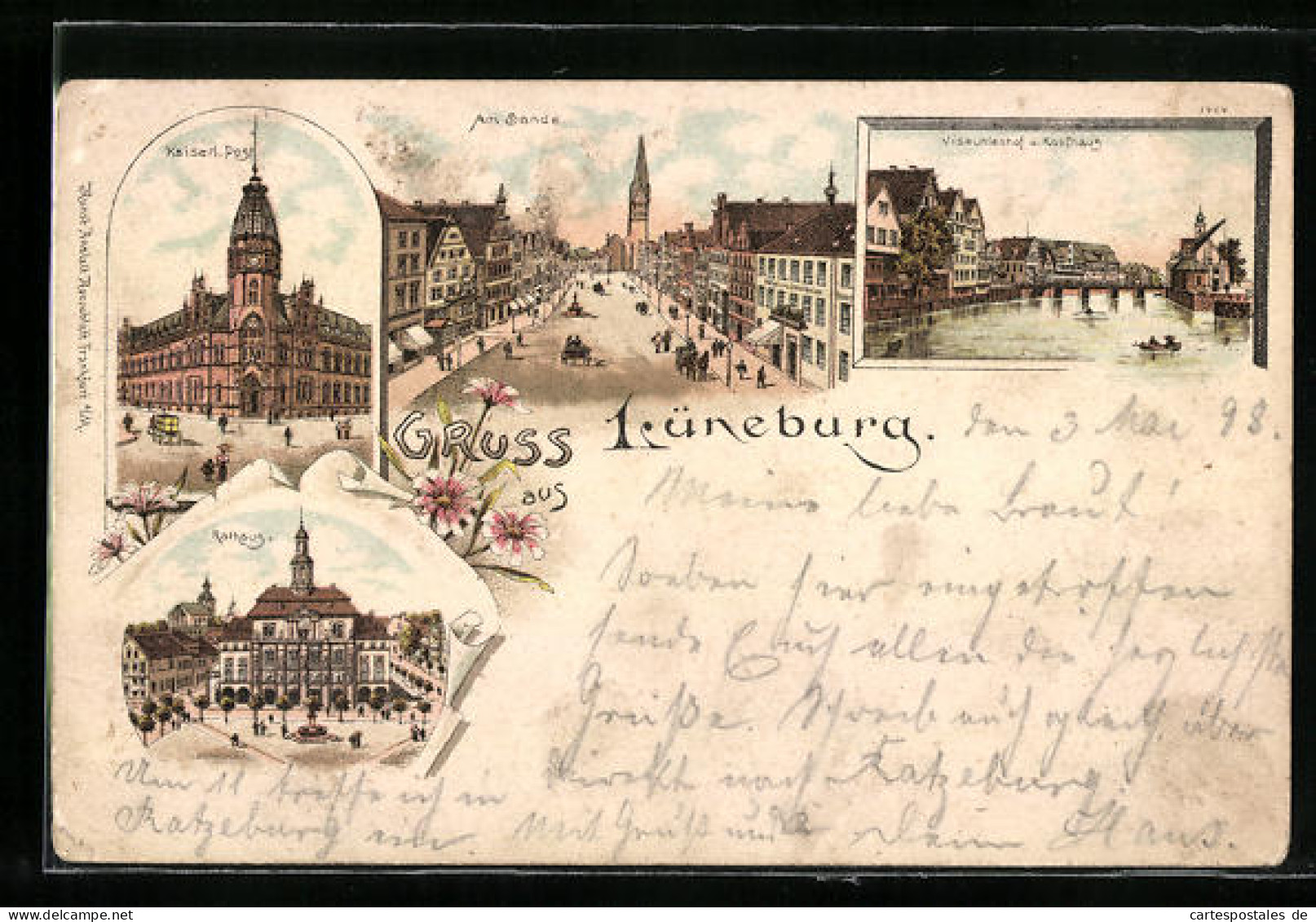 Lithographie Lüneburg, Viskuhlenhof Und Kaufhaus, Rathaus, Kaiserliche Post  - Lüneburg