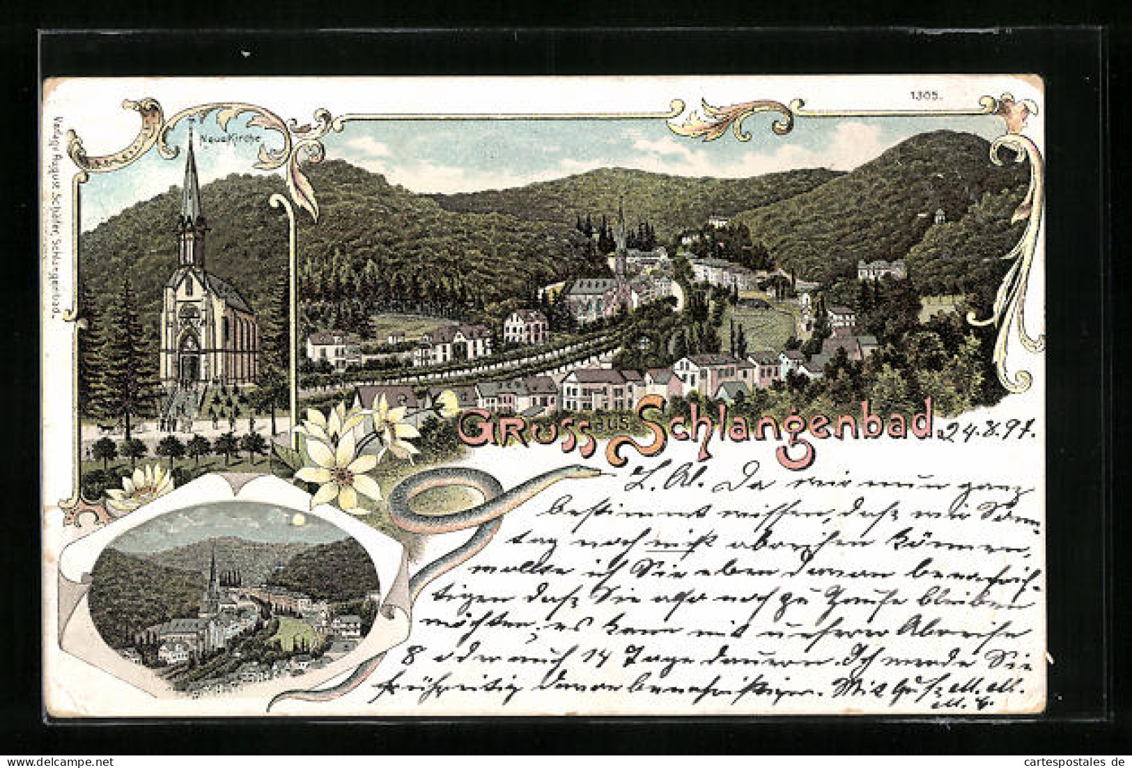 Lithographie Schlangenbad, Teilansicht, Neue Kirche, Ortspartie Bei Mondschein  - Schlangenbad