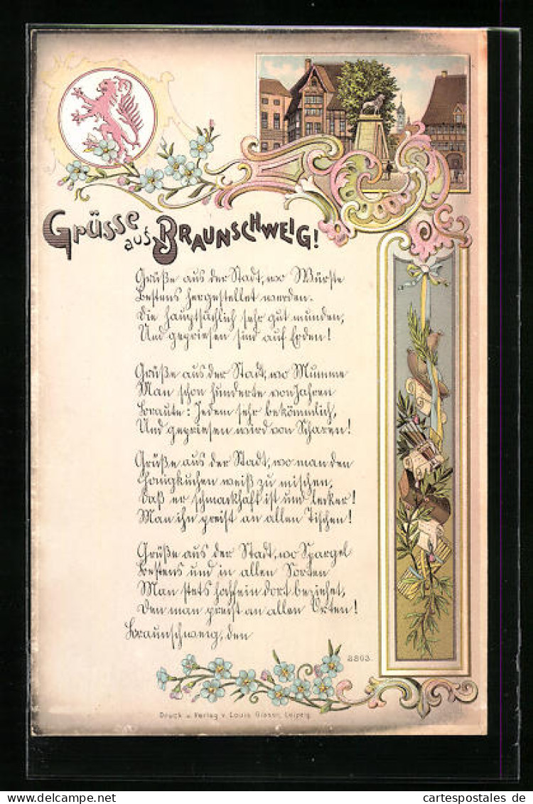 Lithographie Braunschweig, Ortspartie, Wappen  - Braunschweig