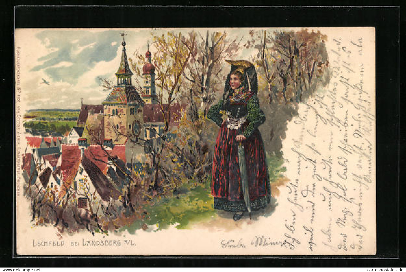 Lithographie Lechfeld Bei Landsberg, Ortsansicht Mit Edler Dame In Tracht  - Landsberg