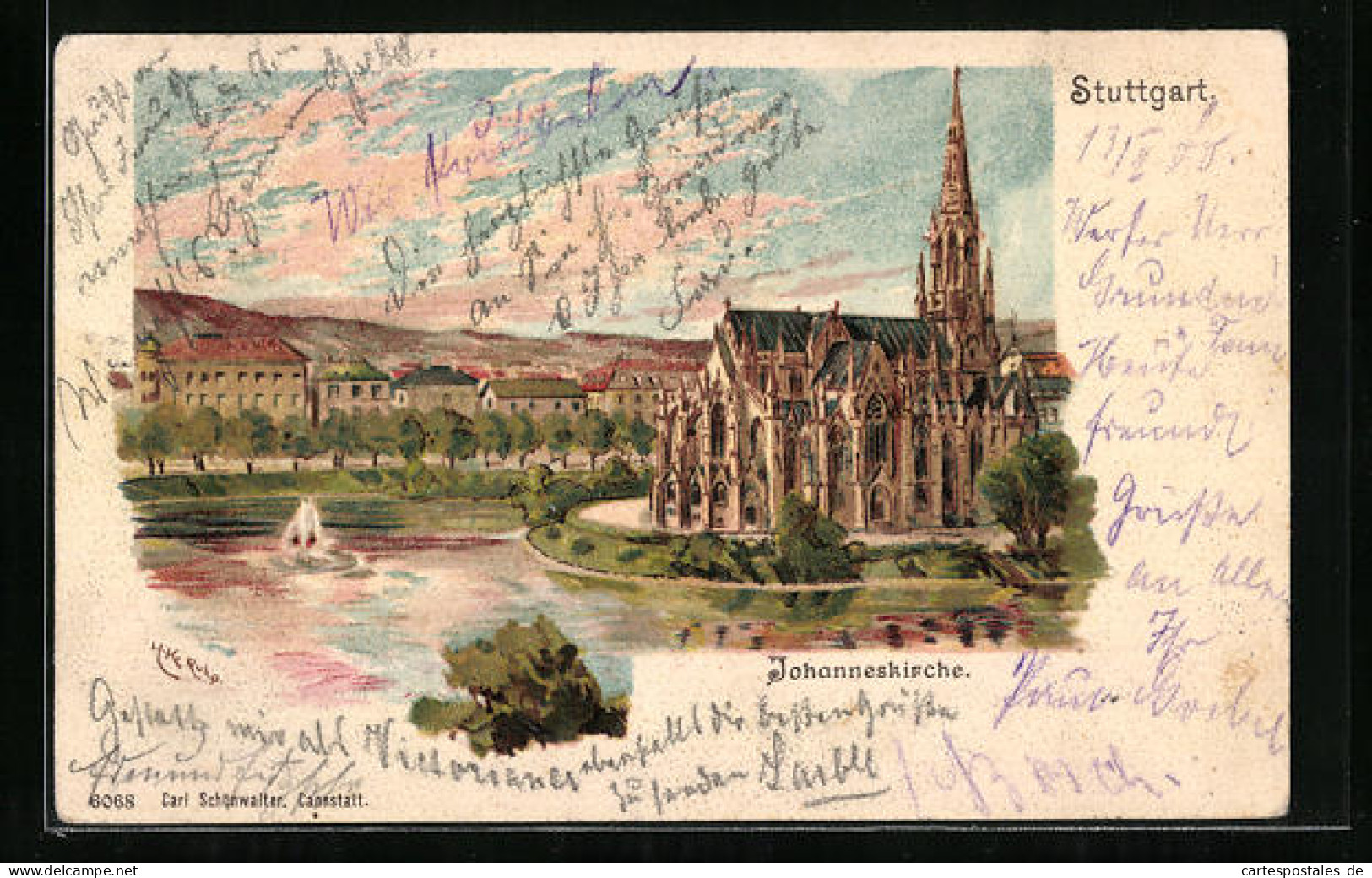 Lithographie Stuttgart, Johanneskirche Mit Springbrunnen  - Stuttgart