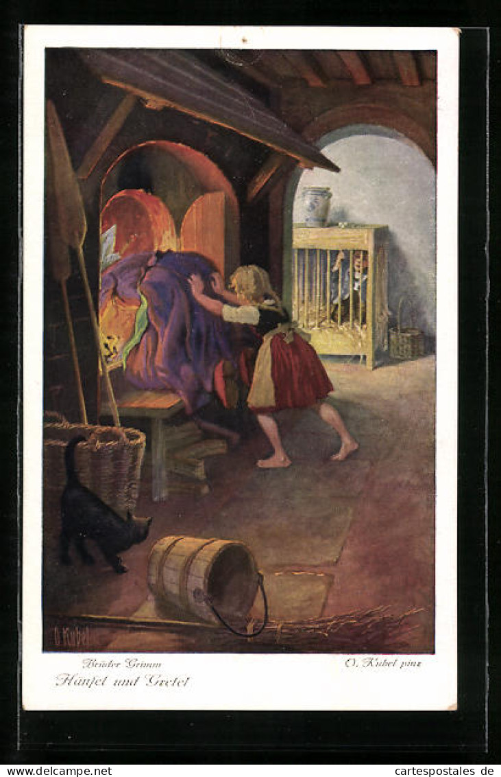 Künstler-AK Otto Kubel: Hänsel Und Gretel, Brüder Grimm, Gretel Stösst Die Böse Hexe In Den Ofen  - Fairy Tales, Popular Stories & Legends
