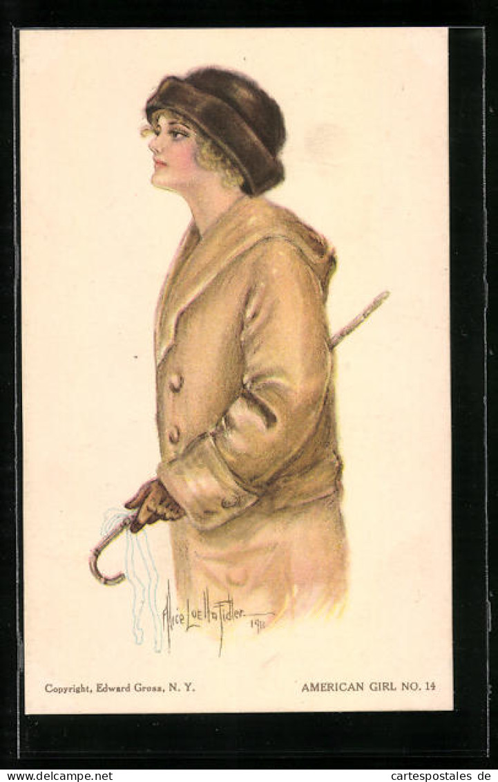 Künstler-AK Alice Luella Fidler: American Girl No. 14, Dame Mit Trenchcoat Und Stock  - Other & Unclassified