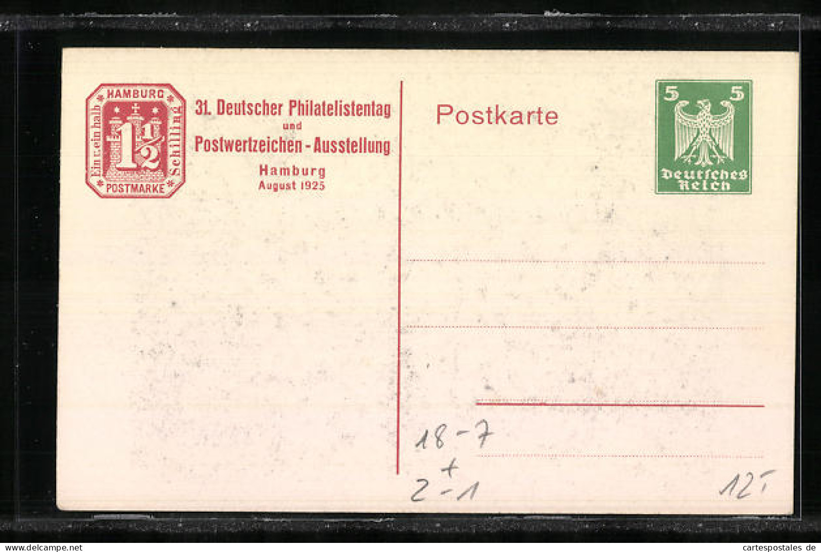 AK Hamburg, 31. Deutscher Philatelistentag Und Postwertzeichen-Ausstellung 1925, Bismarck-Denkmal, Ganzsache  - Timbres (représentations)