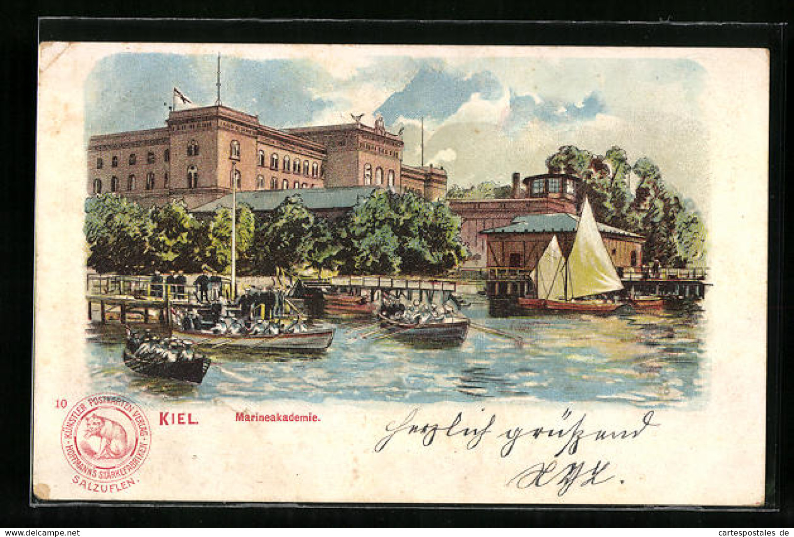 Lithographie Kiel, Marineakademie Mit Ruderbooten Auf Dem Wasser  - Kiel