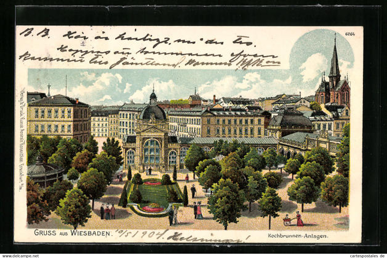 Lithographie Wiesbaden, Spaziergänger Vor Der Kochbrunnen-Anlage  - Wiesbaden