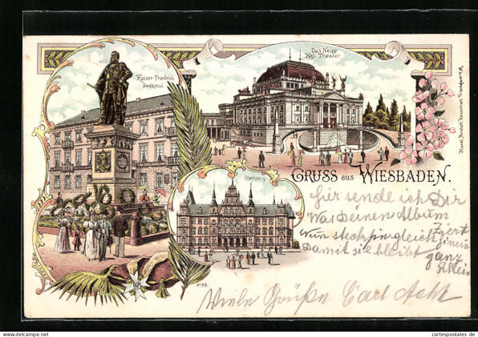 Lithographie Wiesbaden, Das Neue Kgl. Theater Und Kaiser Friedrich-Denkmal  - Theatre