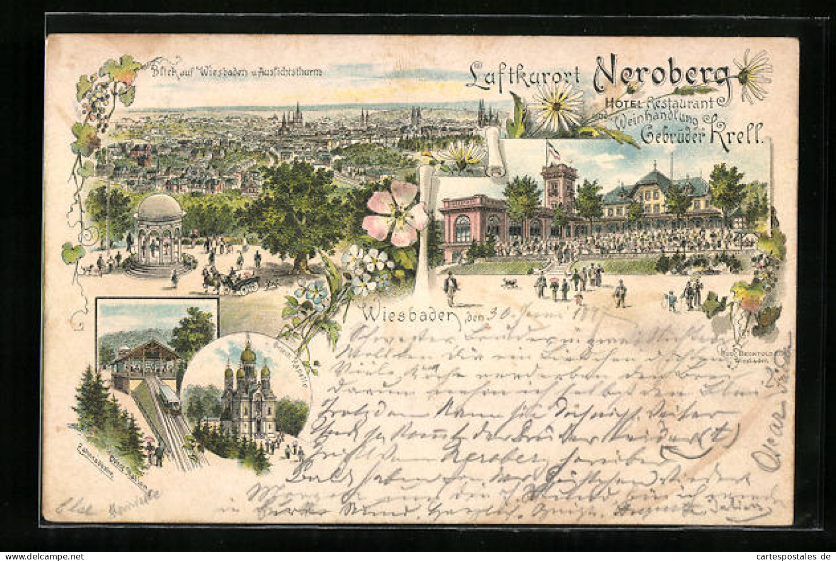 Lithographie Wiesbaden, Neroberg, Ortsansicht Und Aussichtsthurm Und Hotel Restaurant Gebrüder Krell  - Wiesbaden