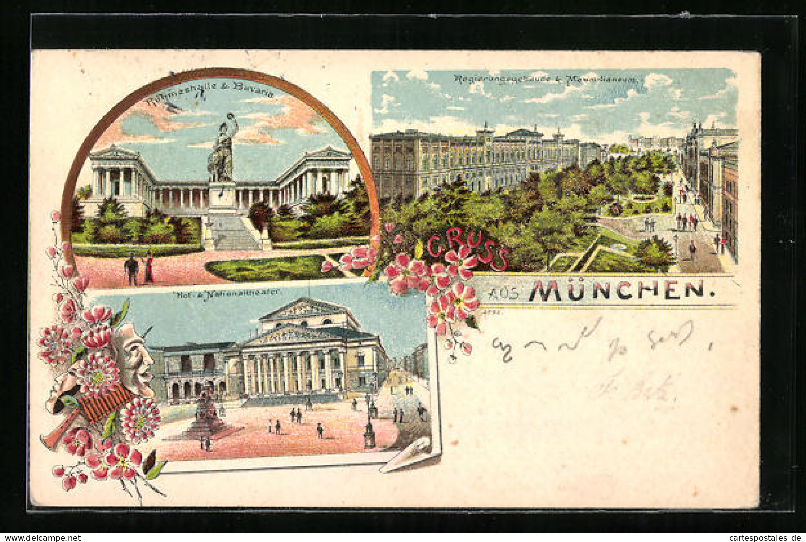 Lithographie München, Regierungsgebäude & Maximilianeum, Ruhmeshalle & Bavaria, Hof- & Nationaltheater  - Theatre