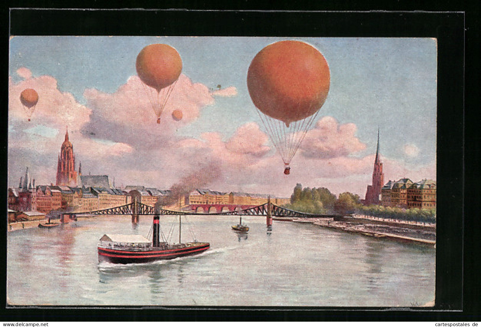 Künstler-AK Frankfurt A. M., Ballons über Und Dampfer Auf Dem Main  - Montgolfières